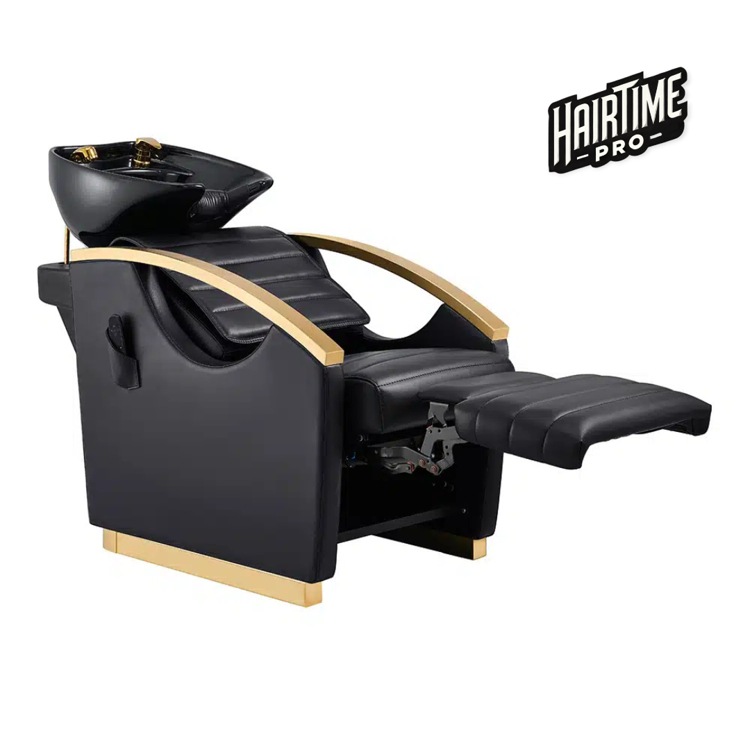 YP-M09G Shampoo Chair with Manual Foot Lift – Black Leather & Black Ceramic with Gold Frame